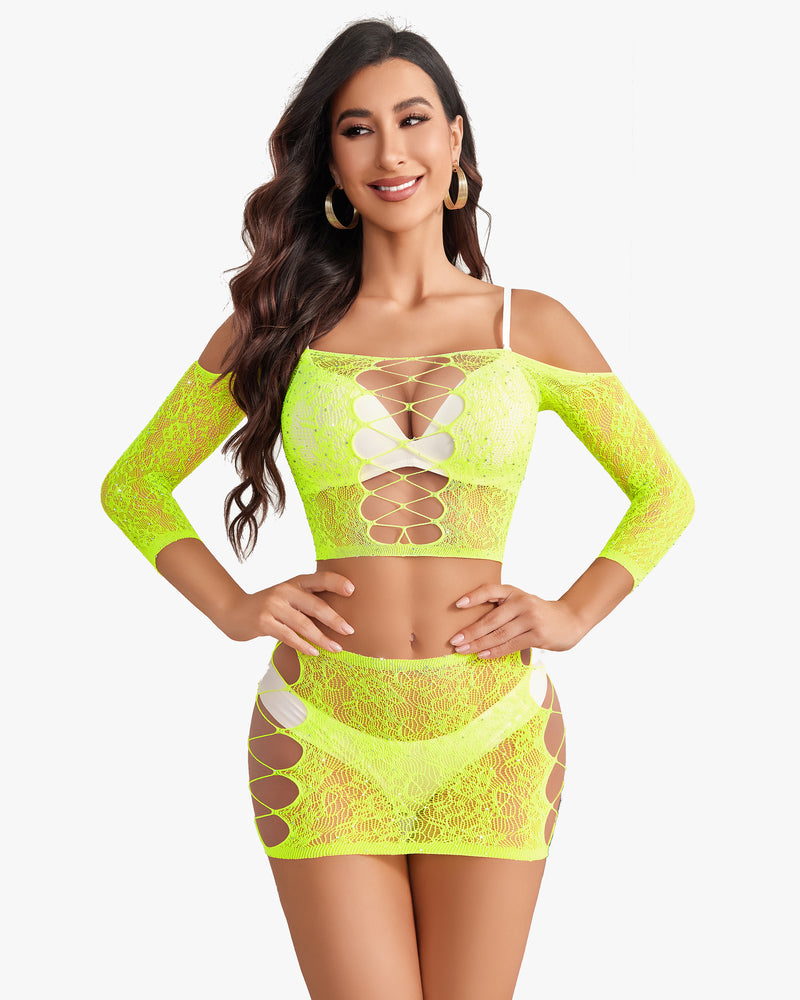 Neon yellow fishnet lingerie set, mesh top and skirt, sexy outfit, Avidlove