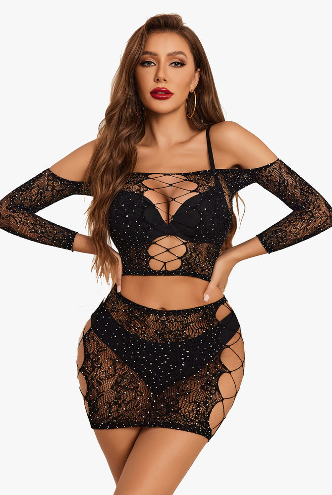 Black rhinestone fishnet lingerie set with mesh top and skirt, criss-cross design, sexy outfit