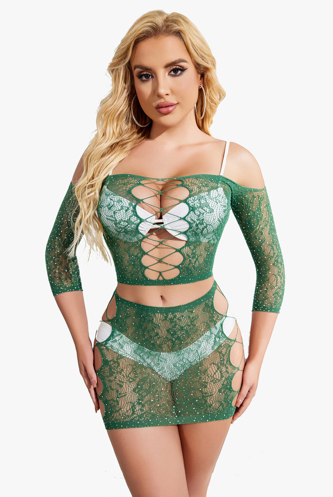 Green rhinestone fishnet lingerie set, mesh top and skirt, criss-cross design, sexy outfit.