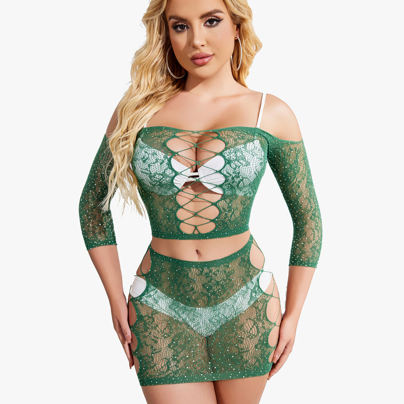 Green rhinestone fishnet lingerie set, mesh top and skirt, criss-cross design, sexy outfit.