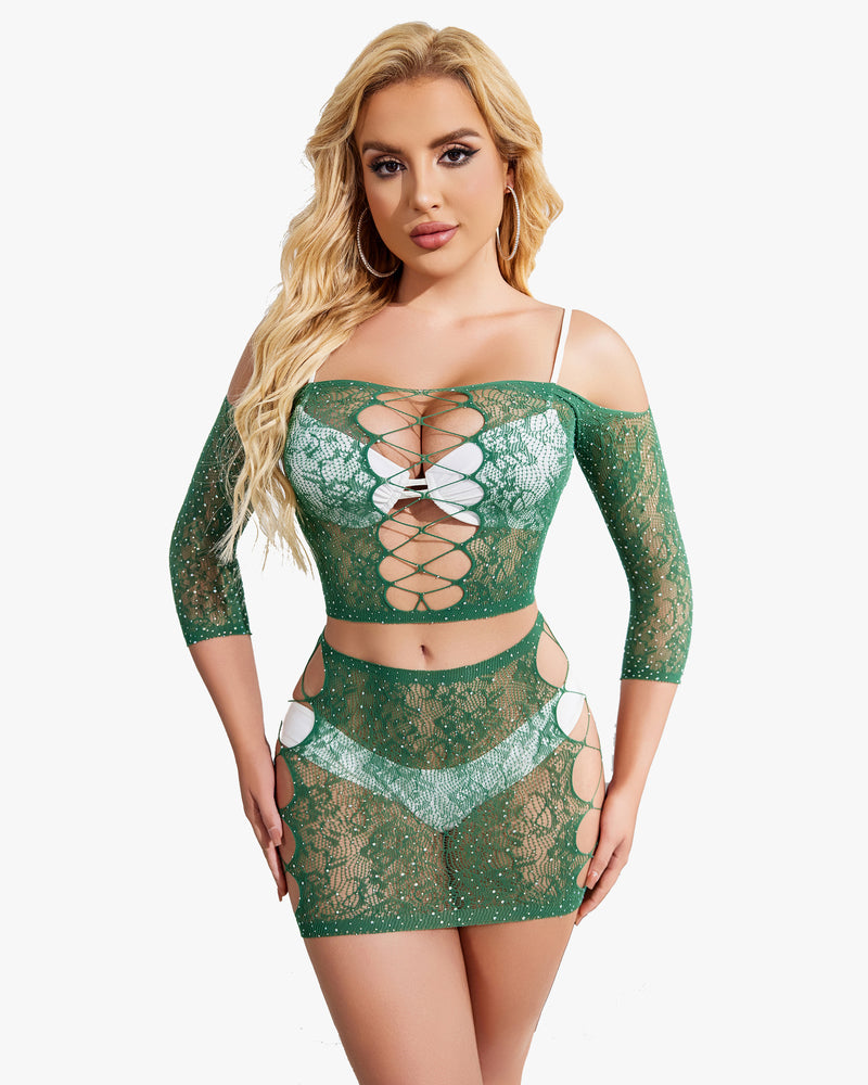 Green rhinestone fishnet lingerie set, mesh top and skirt, criss-cross design, sexy outfit.
