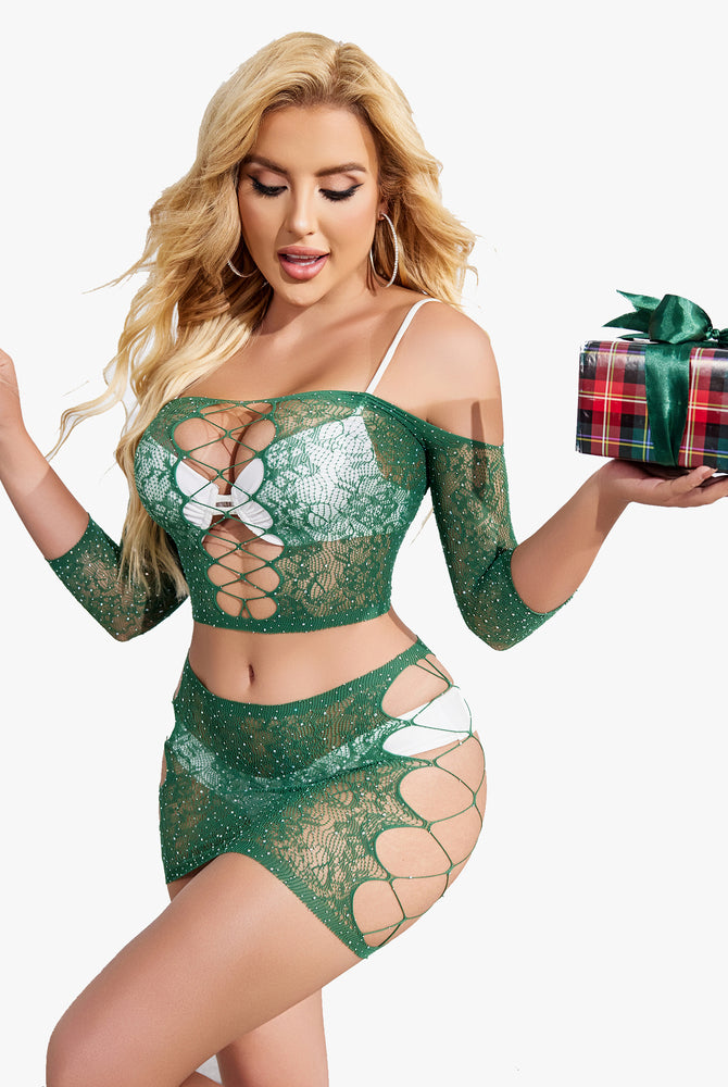Green rhinestone fishnet lingerie set with cutout design, perfect sexy look with a gift.