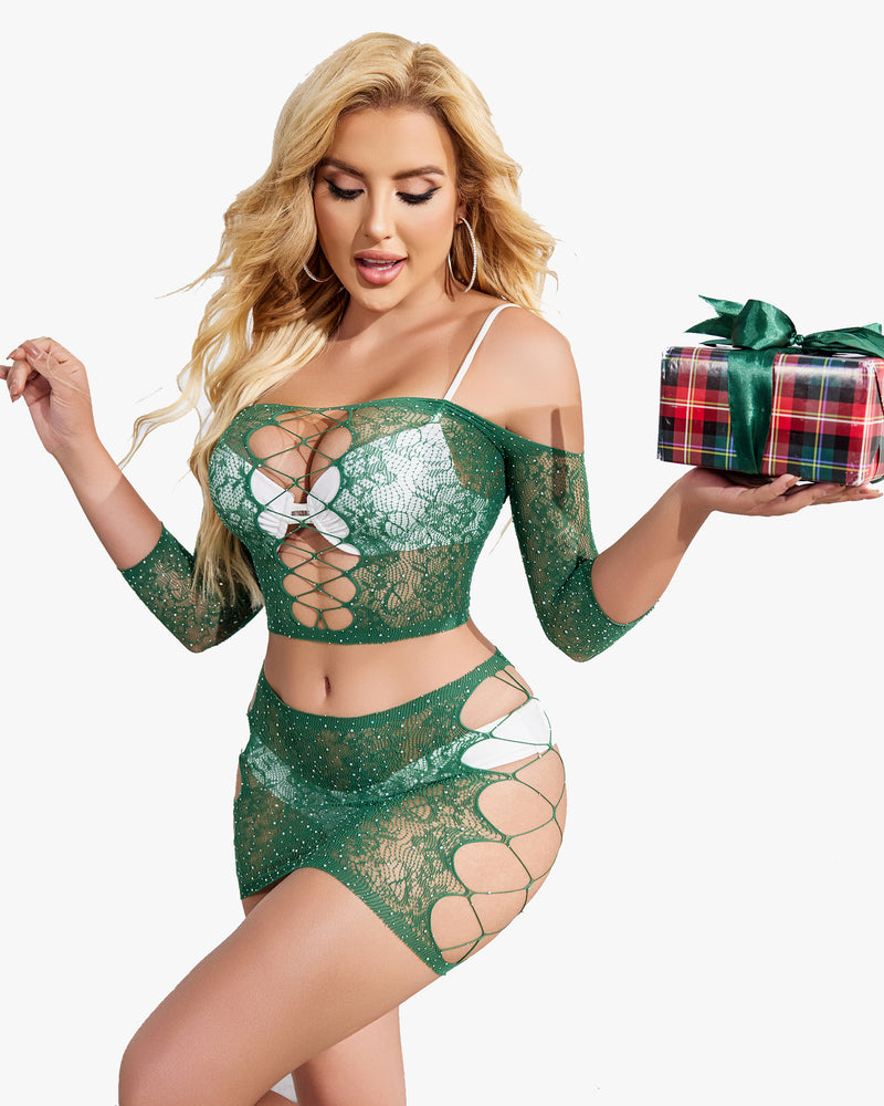 Green rhinestone fishnet lingerie set with cutout design, perfect sexy look with a gift.