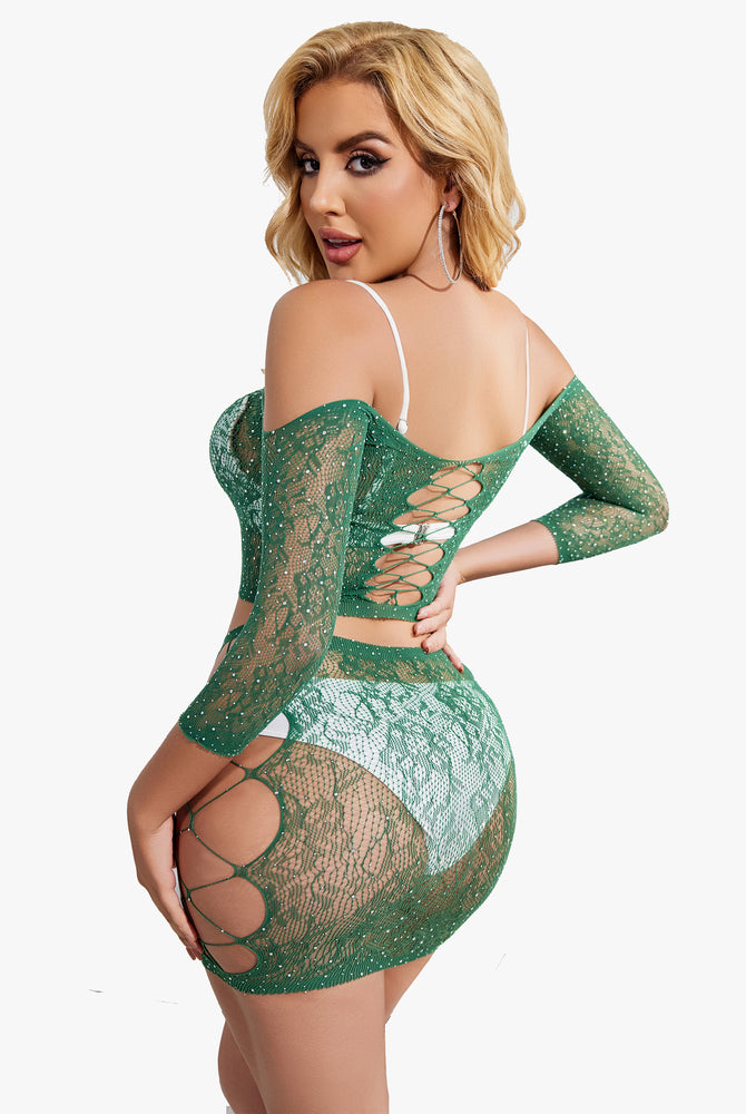 Green rhinestone fishnet lingerie set, mesh top and skirt with criss-cross design, sexy outfit