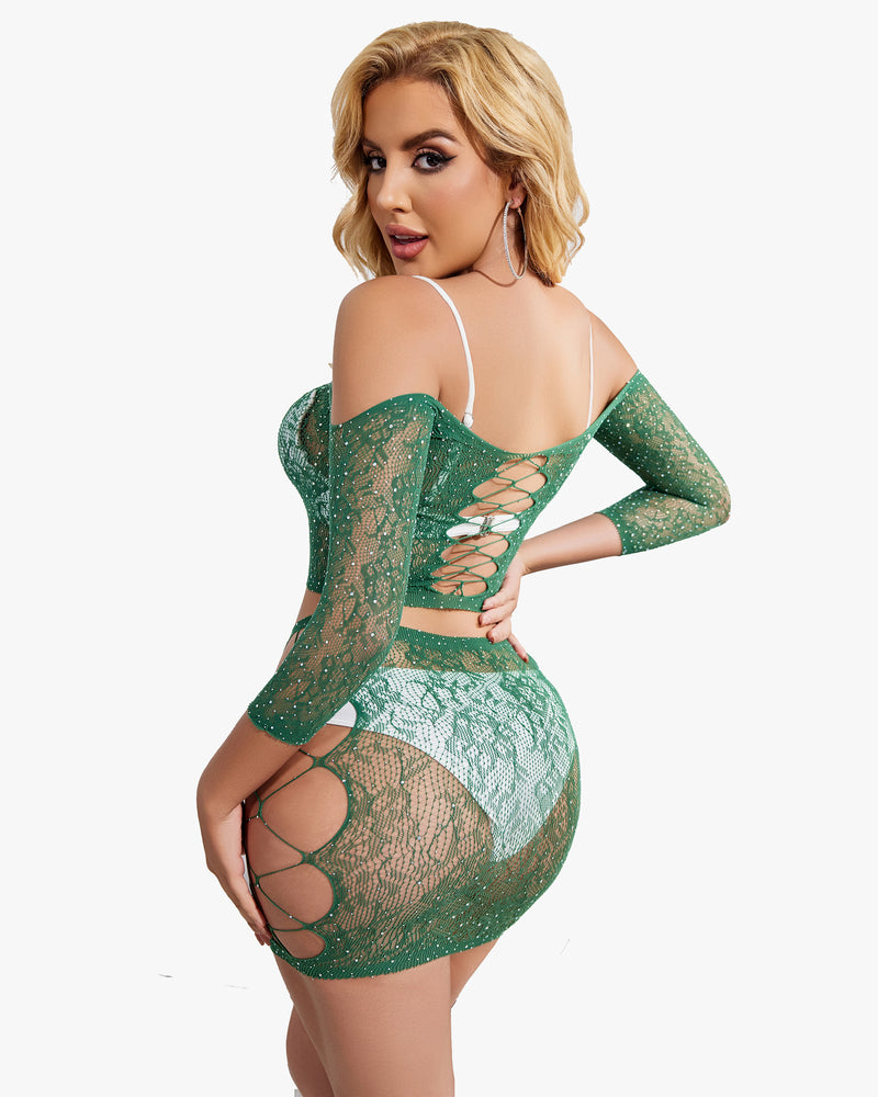 Green rhinestone fishnet lingerie set, mesh top and skirt with criss-cross design, sexy outfit