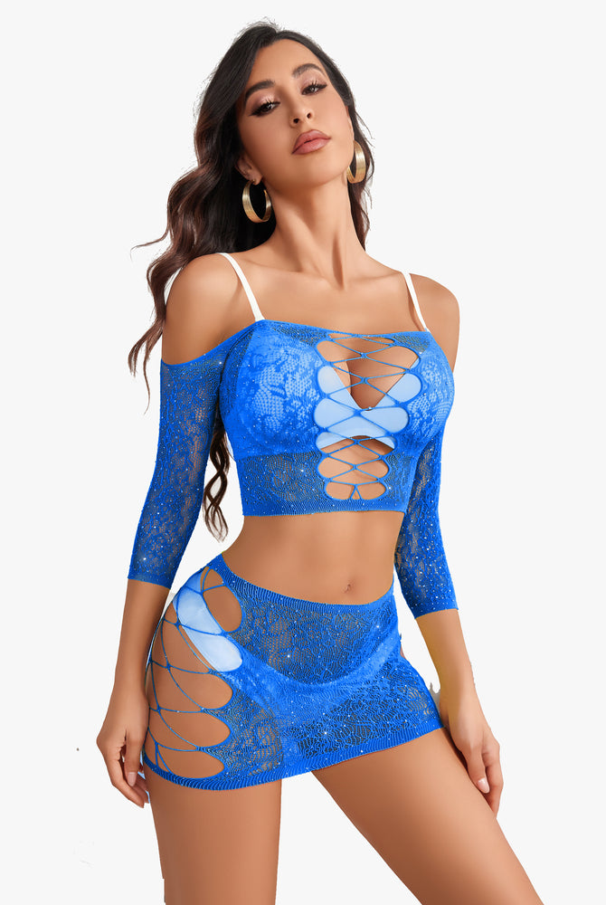 Blue rhinestone fishnet lingerie set with mesh top and skirt, sexy design, Avidlove, criss-cross