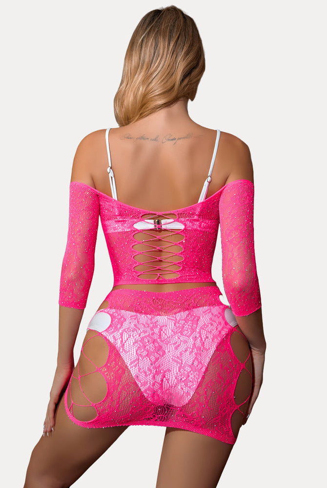 Pink rhinestone fishnet lingerie set with mesh top and skirt, criss-cross design, sexy outfit