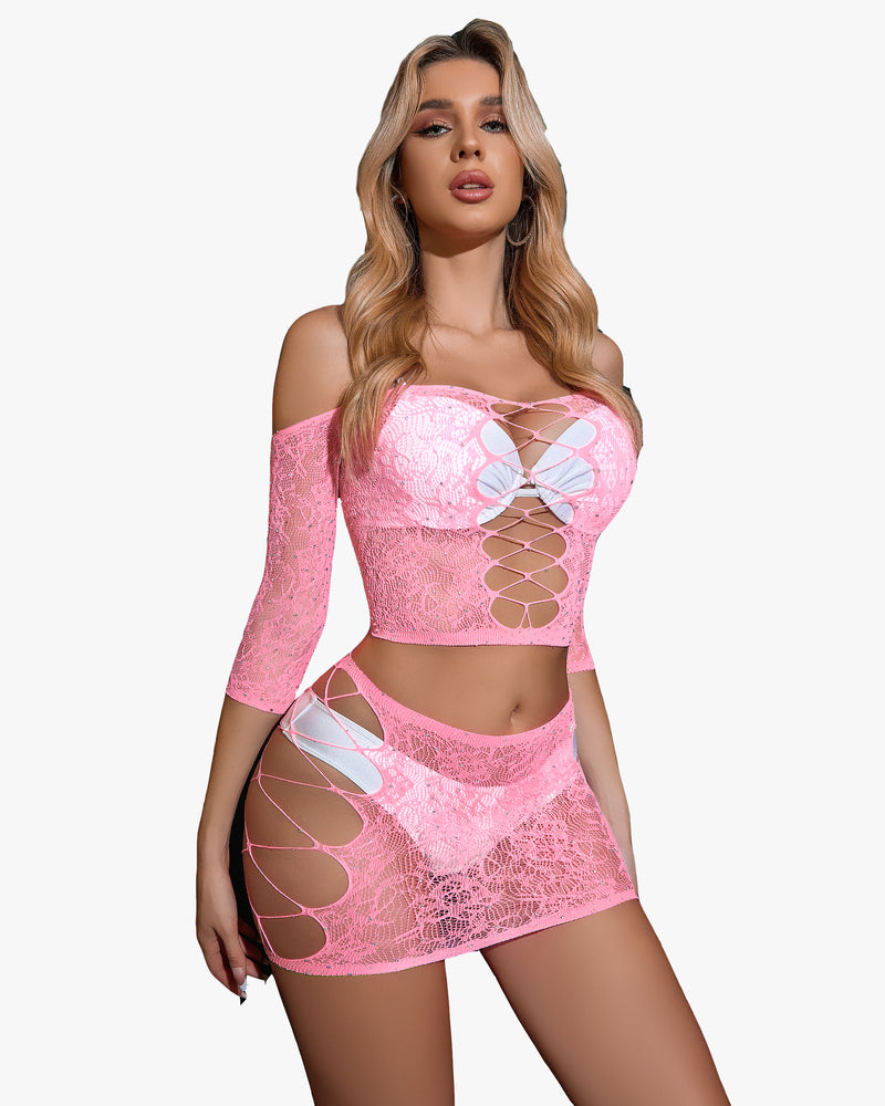 Pink rhinestone fishnet lingerie set, mesh top and skirt, criss-cross design, sexy lingerie