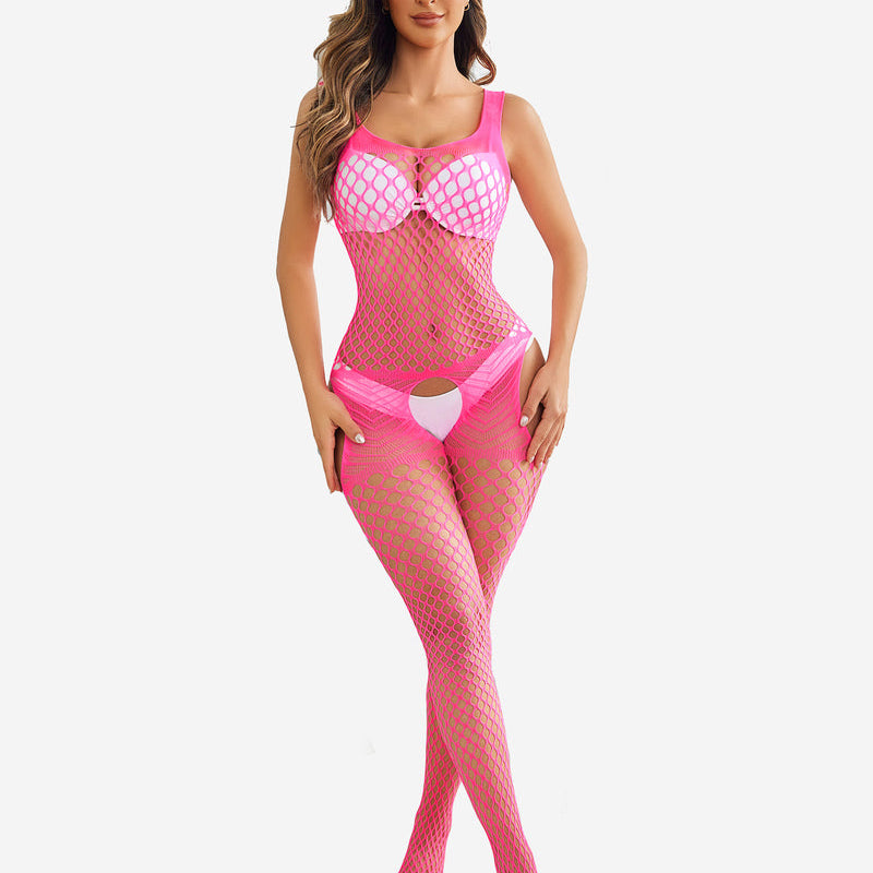 Pink fishnet halter neck jumpsuit with cutout design and fishnet stockings. Sexy lingerie.