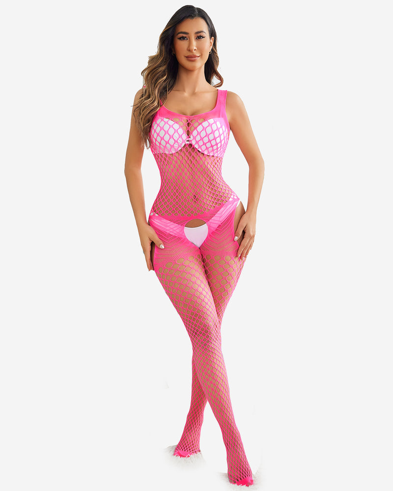 Pink fishnet halter neck jumpsuit with cutout design and fishnet stockings. Sexy lingerie.