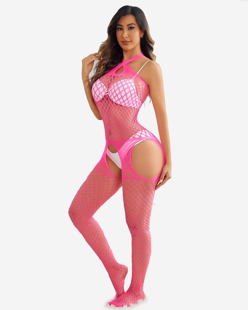 Pink fishnet jumpsuit with halter neck, cutout design, and fishnet stockings. Sexy lingerie.