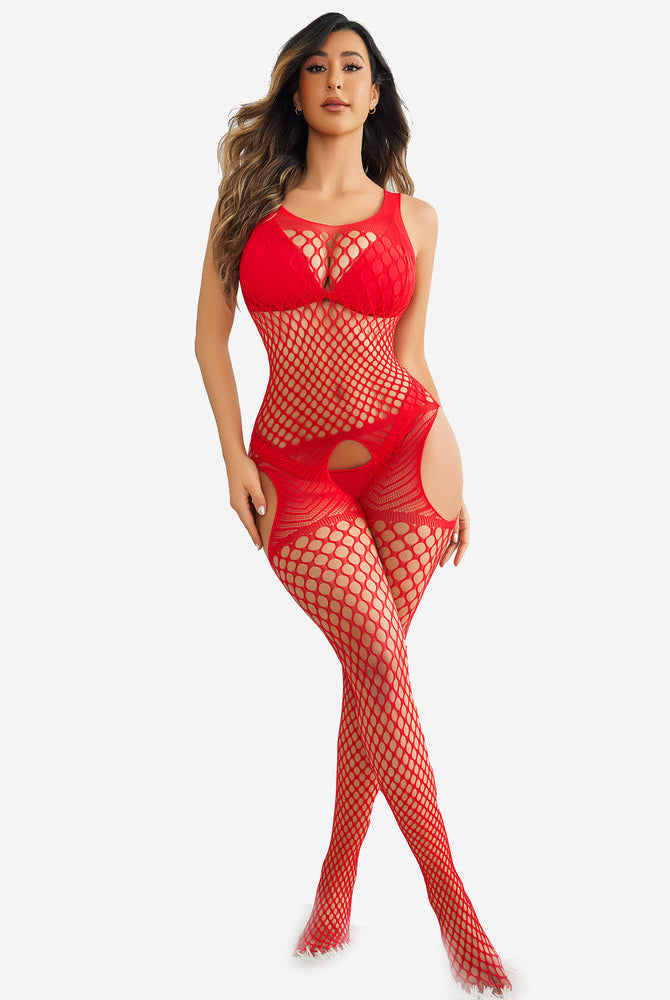 Red fishnet halter neck jumpsuit, cutout design, and fishnet stockings. Sexy lingerie.