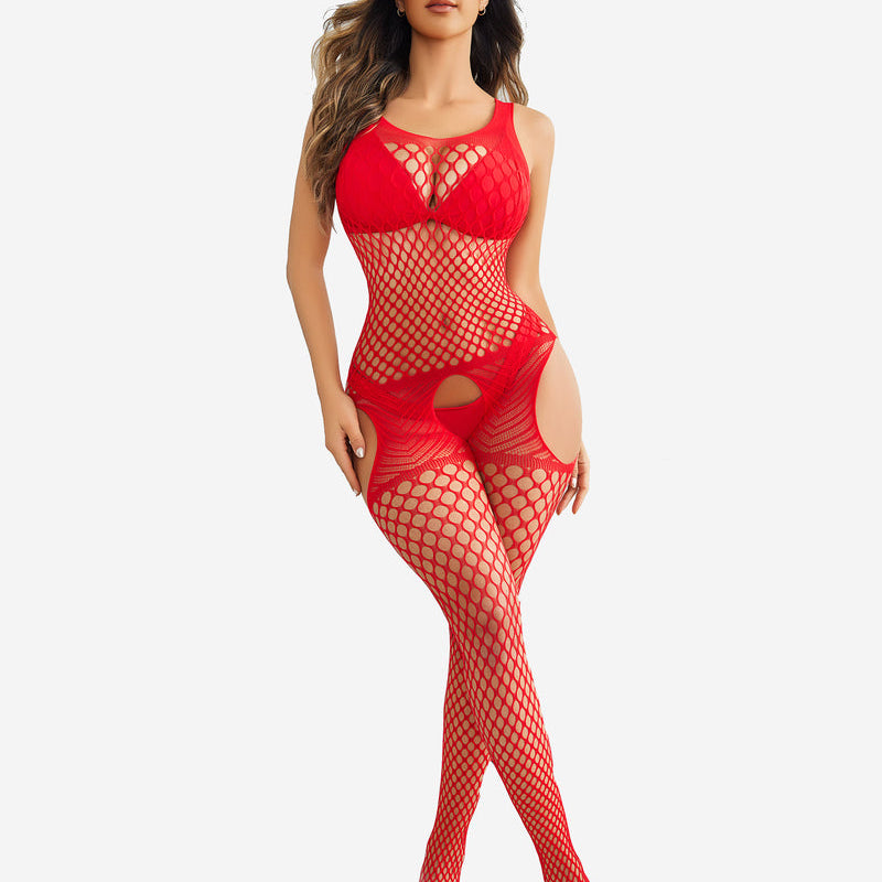 Red fishnet halter neck jumpsuit, cutout design, and fishnet stockings. Sexy lingerie.