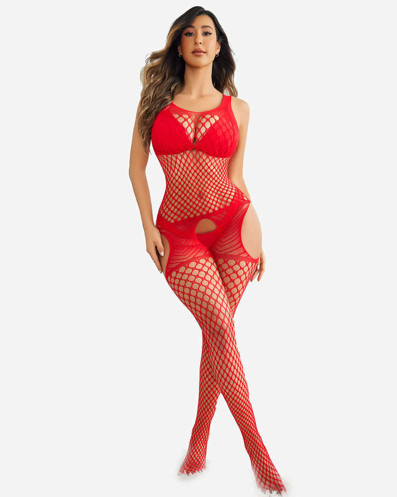 Red fishnet halter neck jumpsuit, cutout design, and fishnet stockings. Sexy lingerie.