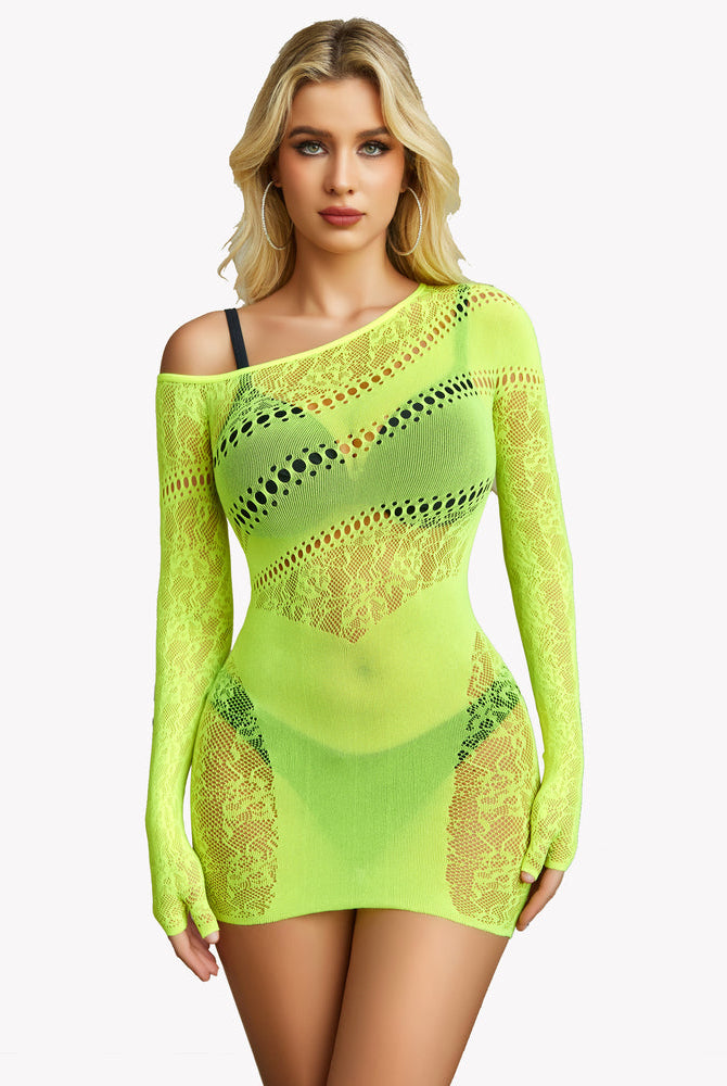 Neon yellow mesh fishnet dress, off-shoulder with cutouts, Avidlove lingerie, showing body curves.