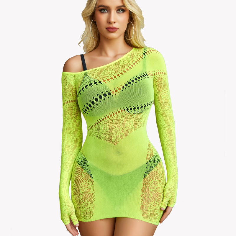 Neon yellow mesh fishnet dress, off-shoulder with cutouts, Avidlove lingerie, showing body curves.