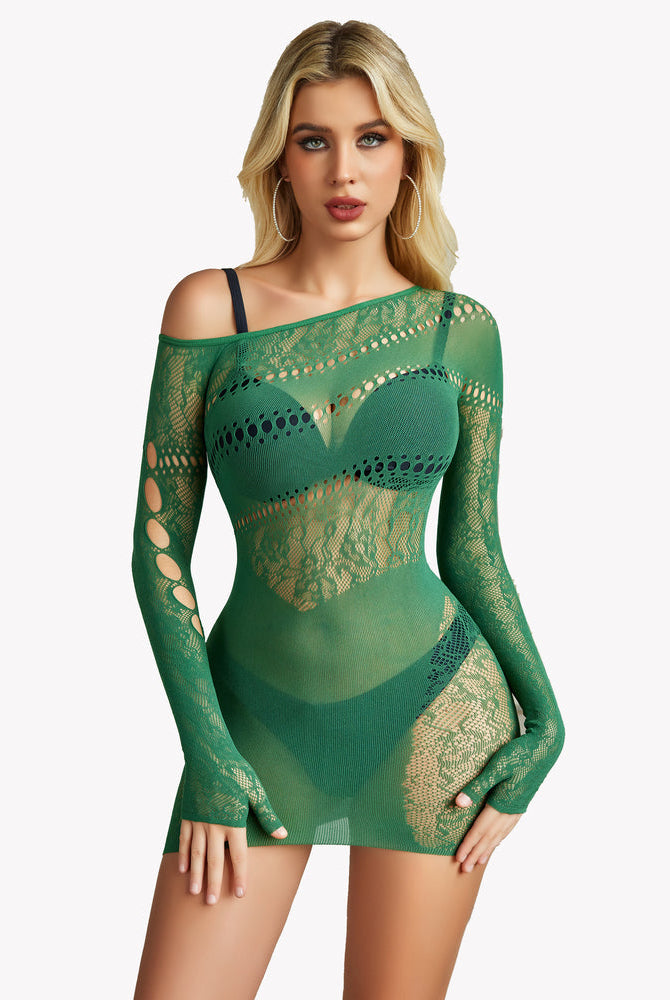 Green off-shoulder mesh fishnet dress with cutouts, showcasing curves, sexy lingerie