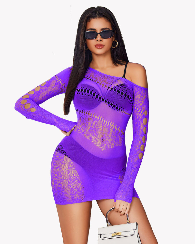 Purple mesh fishnet dress, off-shoulder design, cutouts, showing curves, Avidlove lingerie