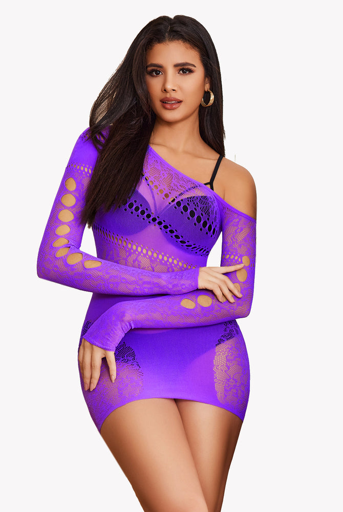 Purple mesh fishnet off-shoulder dress with cutouts, Avidlove lingerie, showing body curves.