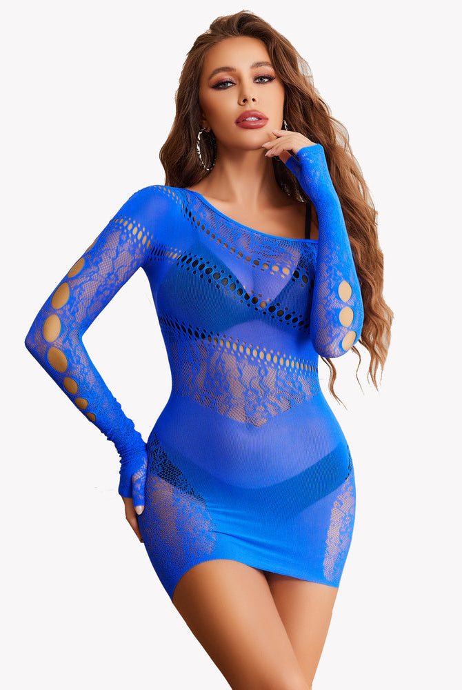 Blue mesh fishnet dress with off-shoulder and cutout design, showing body curves, ideal lingerie