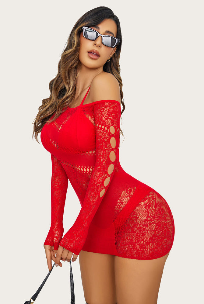Red off-shoulder mesh fishnet dress with cutouts, showing body curves, Avidlove