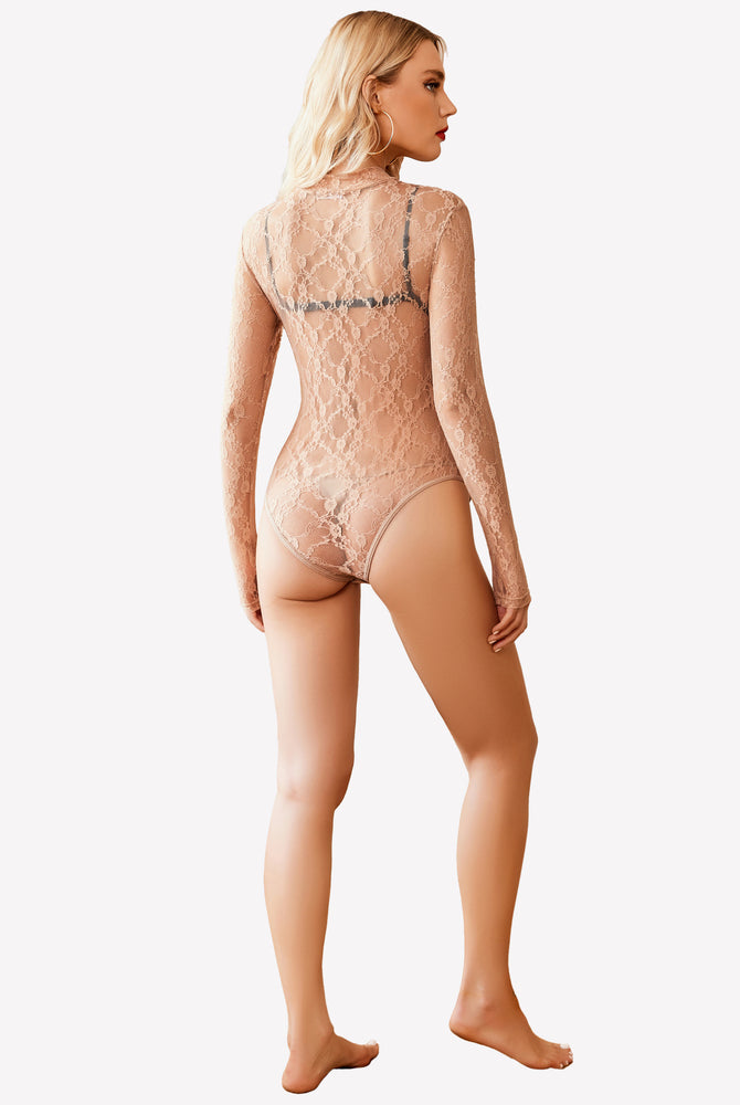 Beige lace bodysuit, long sleeves, high neck for women, Avidlove. Sexy lingerie.