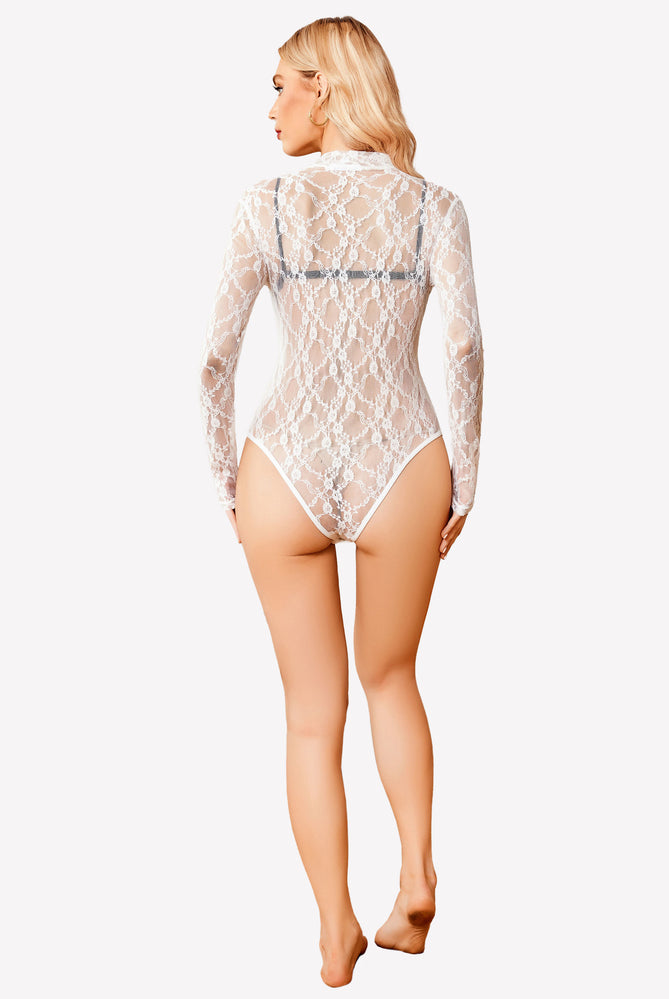 White lace bodysuit with long sleeves and high neck for women, perfect for confident look