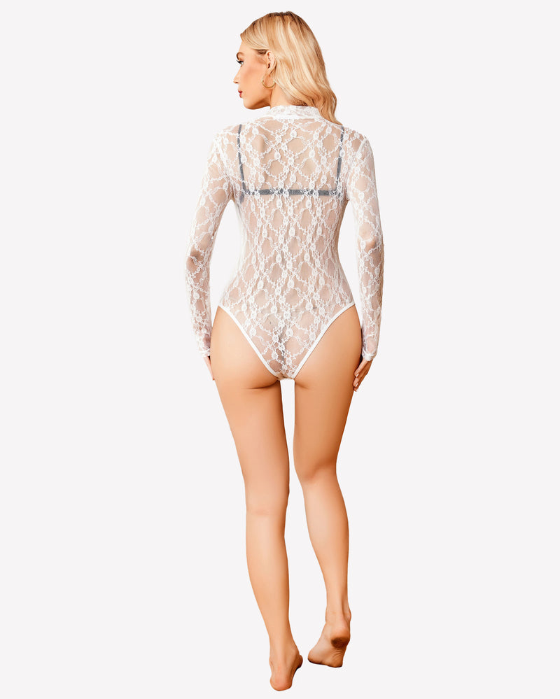 White lace bodysuit with long sleeves and high neck for women, perfect for confident look