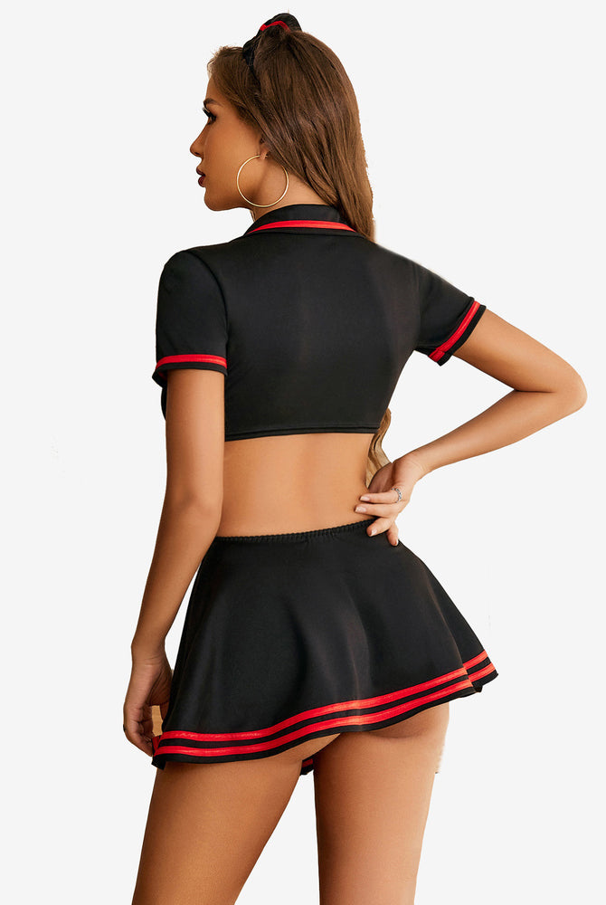 Nurse Cosplay Set: Black tie-front top, pleated mini skirt with red trim, sexy costume.