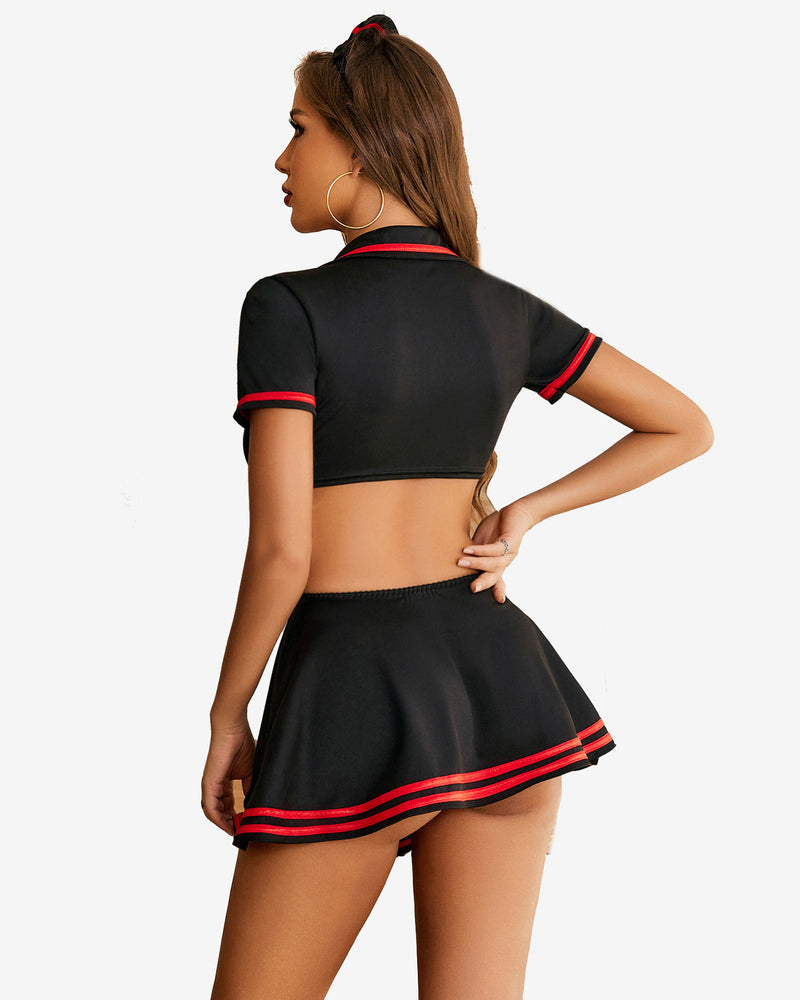 Nurse Cosplay Set: Black tie-front top, pleated mini skirt with red trim, sexy costume.