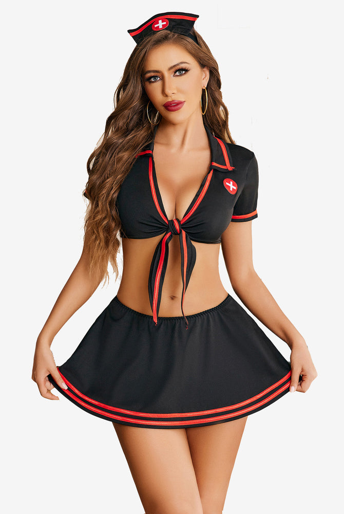 Nurse Cosplay costume: Black tie-top and pleated skirt with red accents. Sexy and confident.