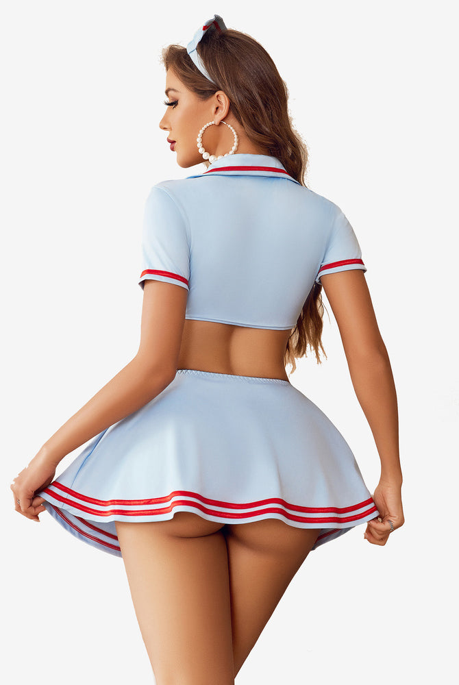Light Blue Nurse Cosplay set with red accents, crop top, mini skirt, and headband.