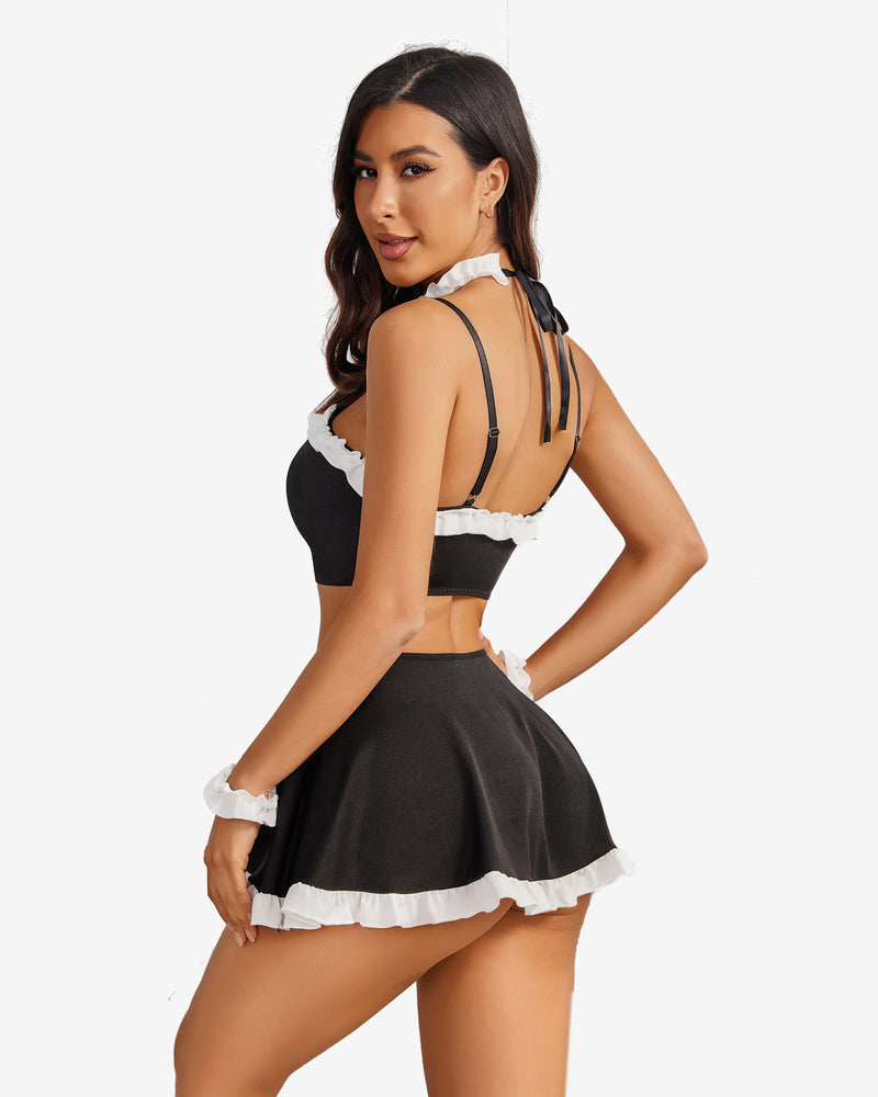 Black and white ruffled French maid lingerie set; showing a sexy and charming look