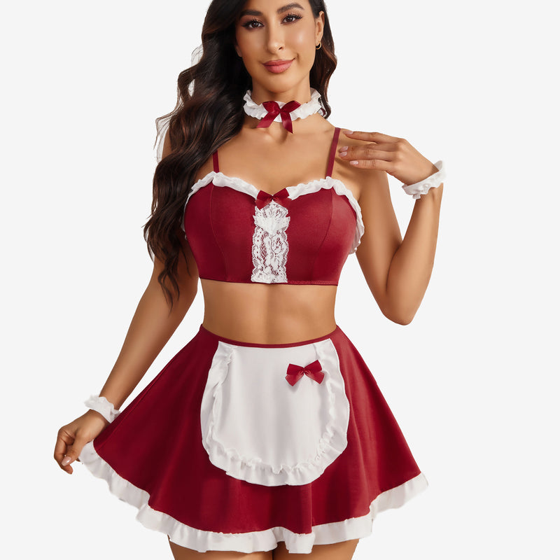 Red French Maid lingerie set with bows and lace. A charming and sexy outfit for a sensual experience.