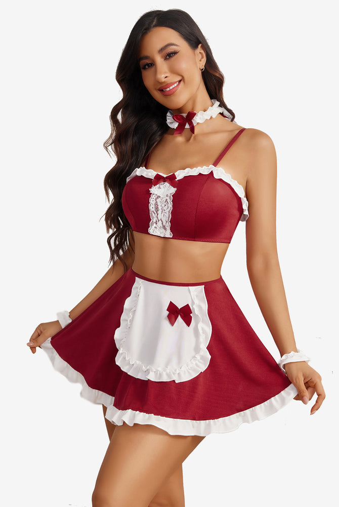 Burgundy French Maid Lingerie Set with bows and lace. Includes bra, skirt, apron, choker and cuffs.