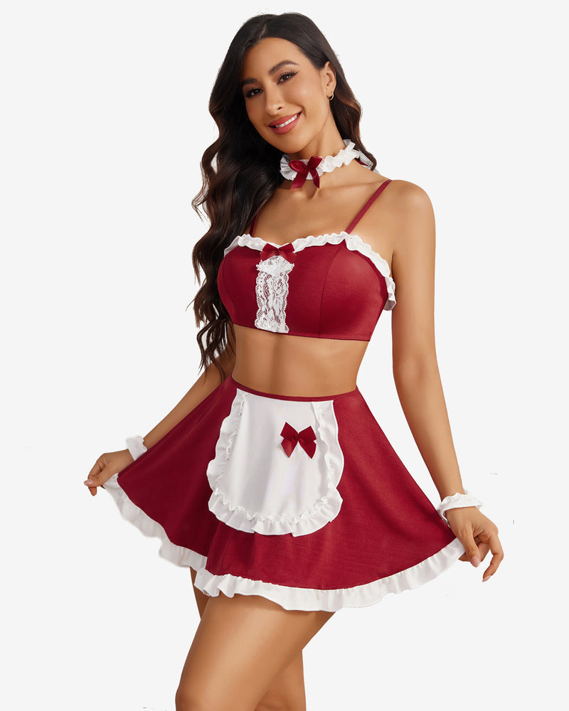 Burgundy French Maid Lingerie Set with bows and lace. Includes bra, skirt, apron, choker and cuffs.