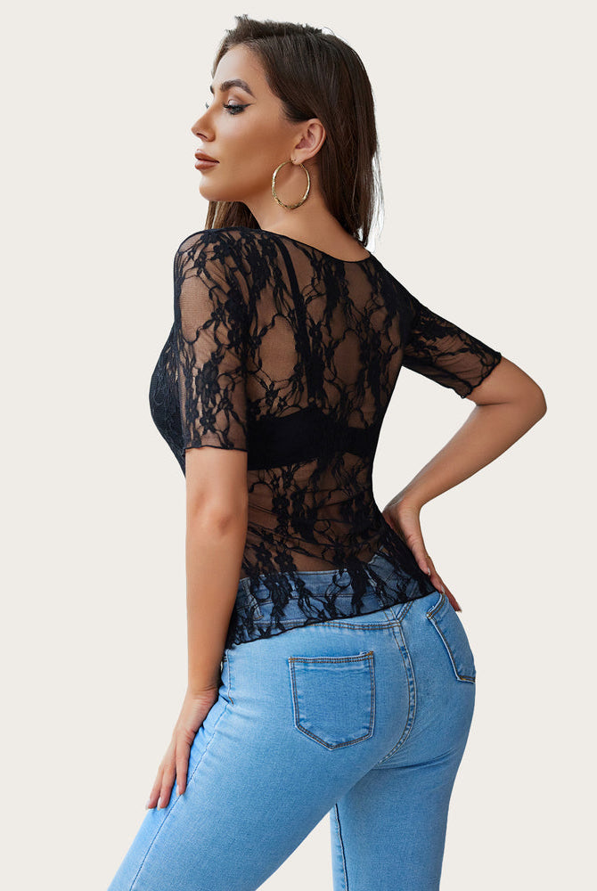 Black floral lace mesh top, short sleeve, paired with blue jeans, perfect for casual and sexy look.