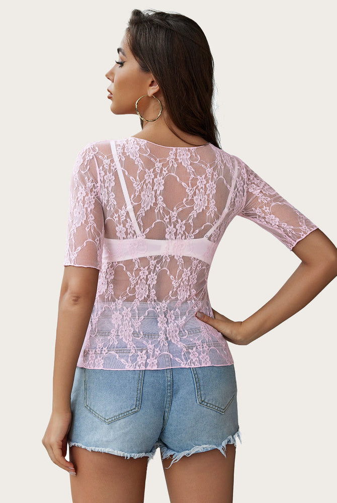 Pink floral lace mesh top short sleeve tee with denim shorts. Sexy, confident style for women.