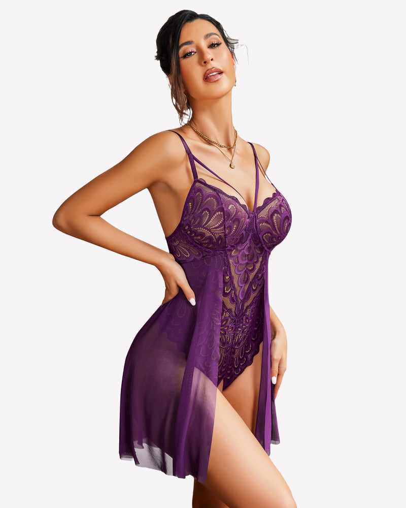 Purple lace teddy lingerie with mesh skirt overlay and adjustable straps, sexy nighty, Avidlove