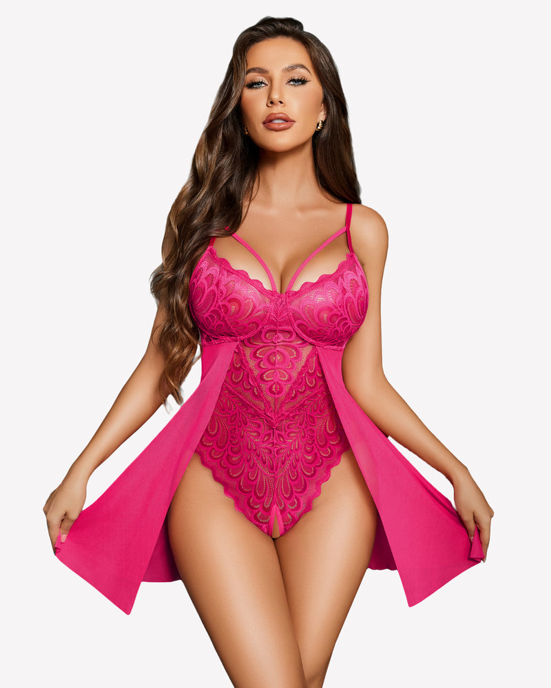 Pink lace babydoll lingerie with mesh skirt and adjustable straps