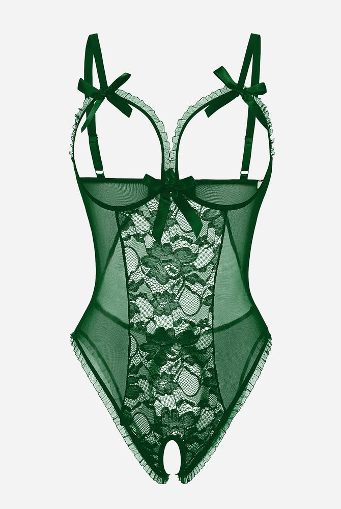 Green lace cut-out bodysuit, bow details, adjustable straps, and open back. Sexy lingerie.