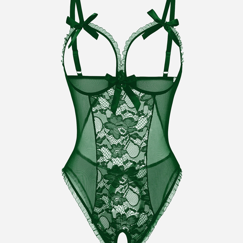 Green lace cut-out bodysuit, bow details, adjustable straps, and open back. Sexy lingerie.
