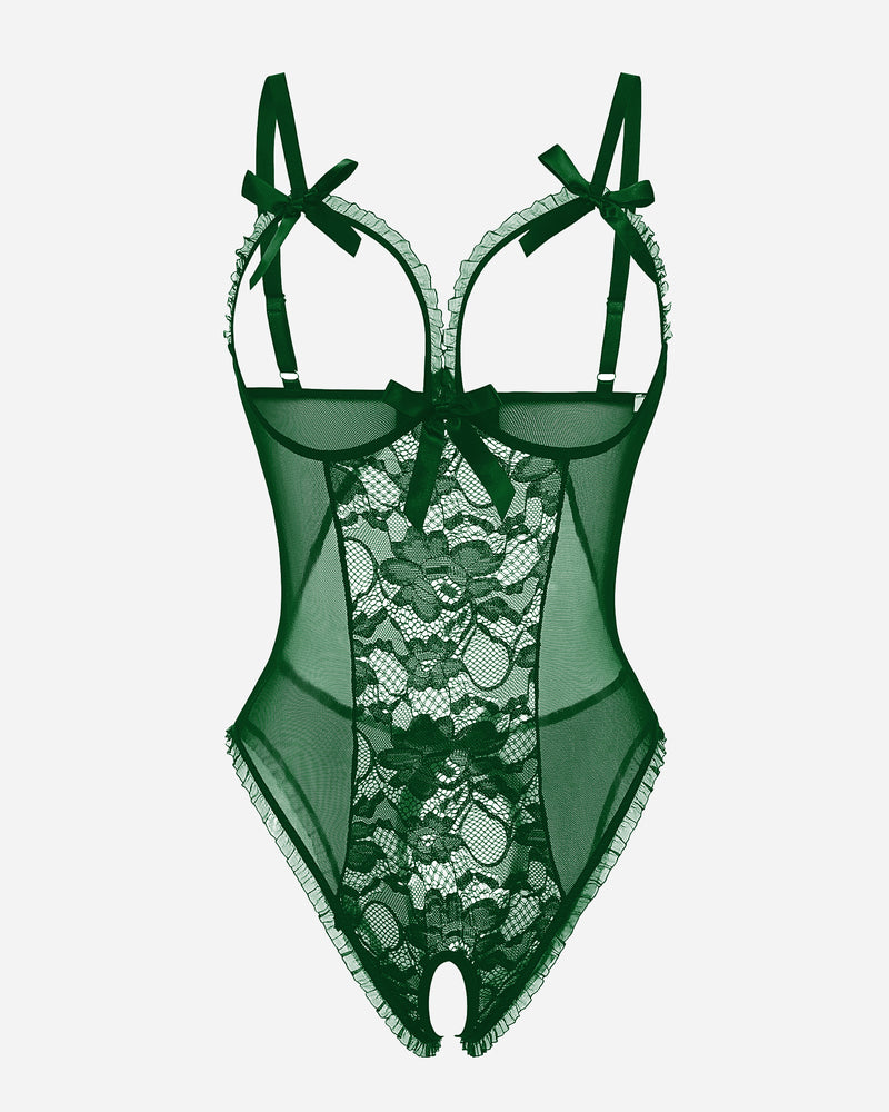 Green lace cut-out bodysuit, bow details, adjustable straps, and open back. Sexy lingerie.