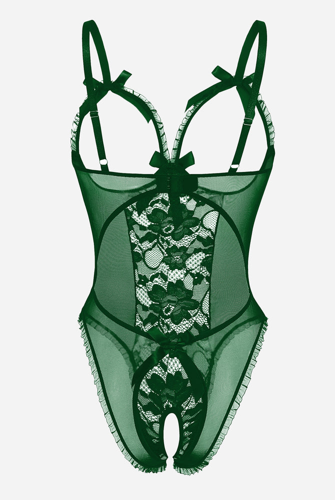 Green lace cut-out bodysuit with adjustable straps, bow details, and open back. Sexy lingerie.
