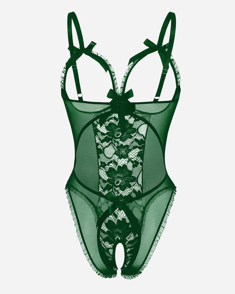 Green lace cut-out bodysuit with adjustable straps, bow details, and open back. Sexy lingerie.