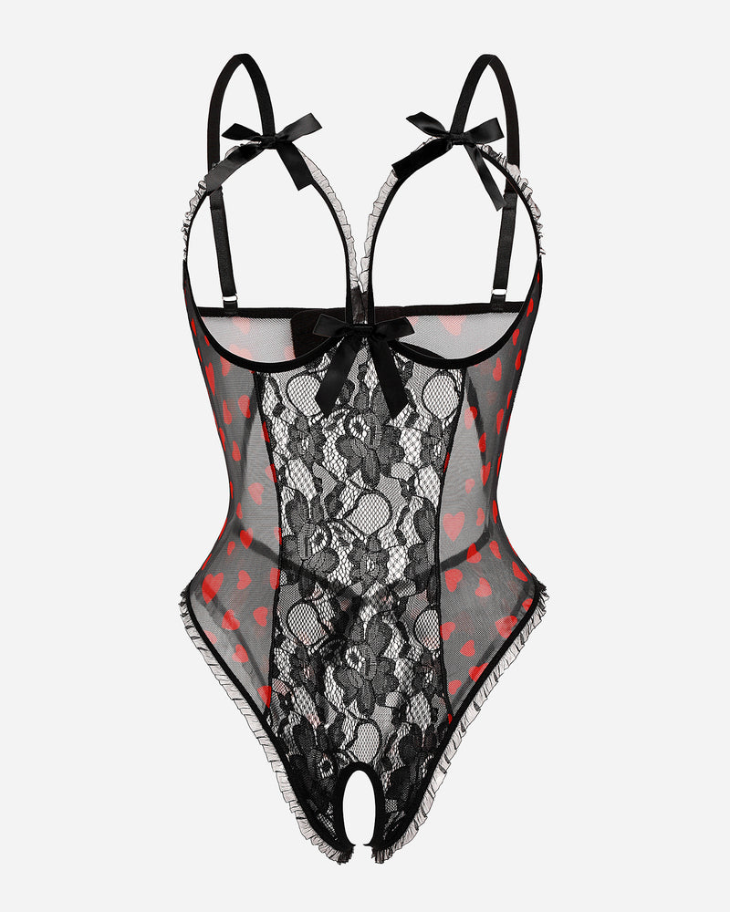 Black lace cut-out bodysuit with heart accents, adjustable straps, and open back. Sexy lingerie.