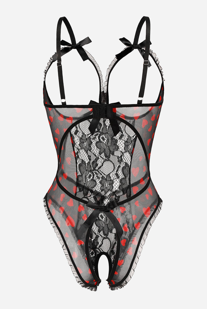 Black heart print lace bodysuit, adjustable straps, backless, bow details. Sexy lingerie