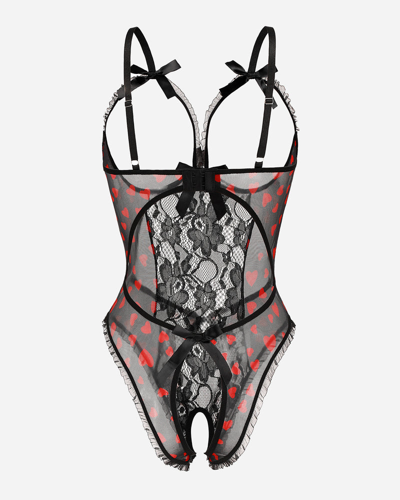 Black heart print lace bodysuit, adjustable straps, backless, bow details. Sexy lingerie