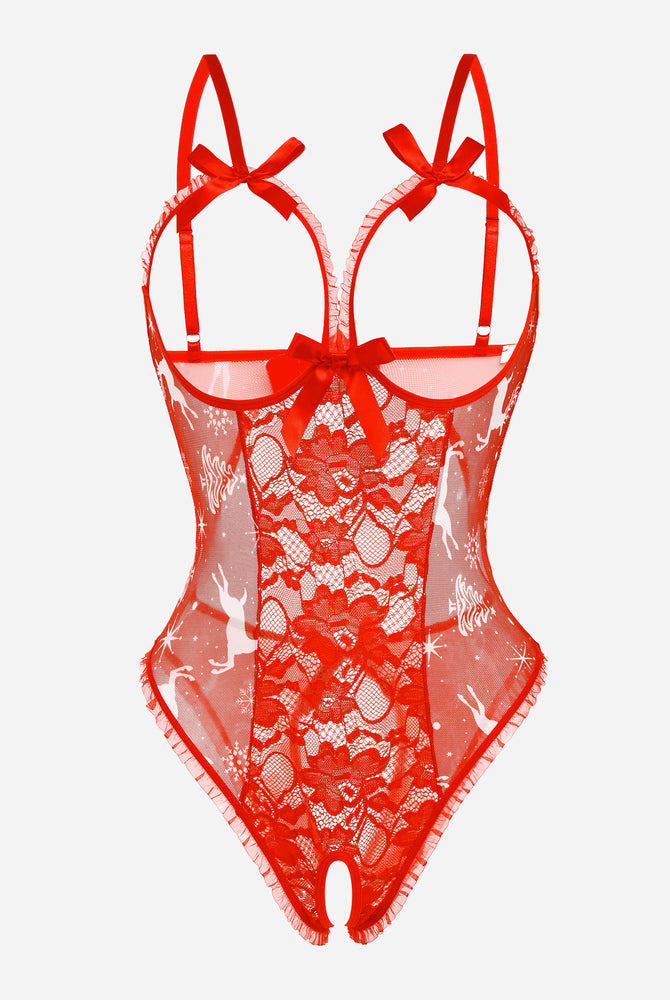 Red lace cut-out bodysuit with adjustable straps and backless design for sensual confidence.