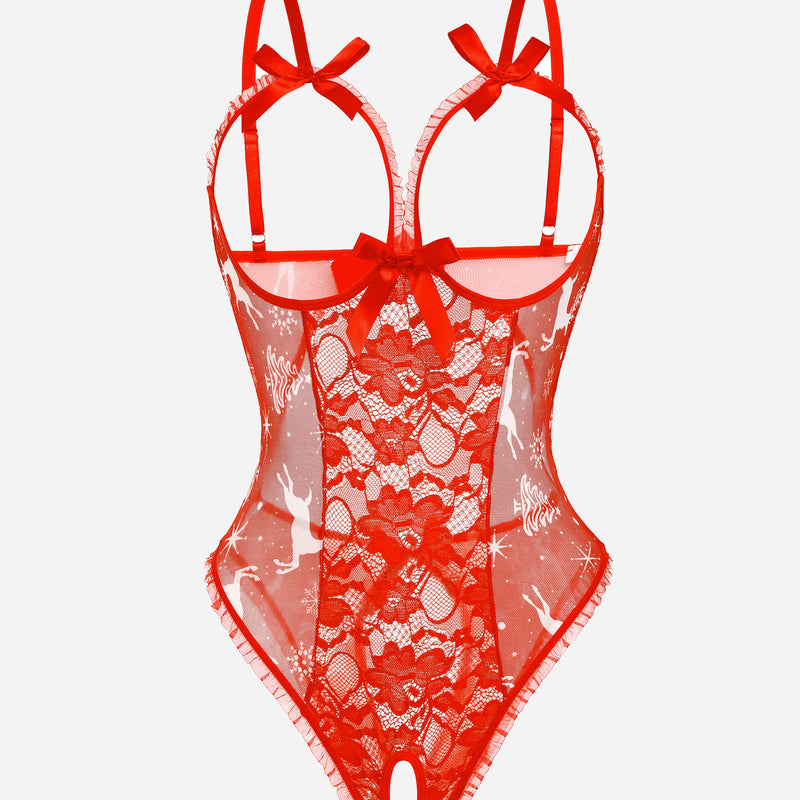 Red lace cut-out bodysuit with adjustable straps and backless design for sensual confidence.